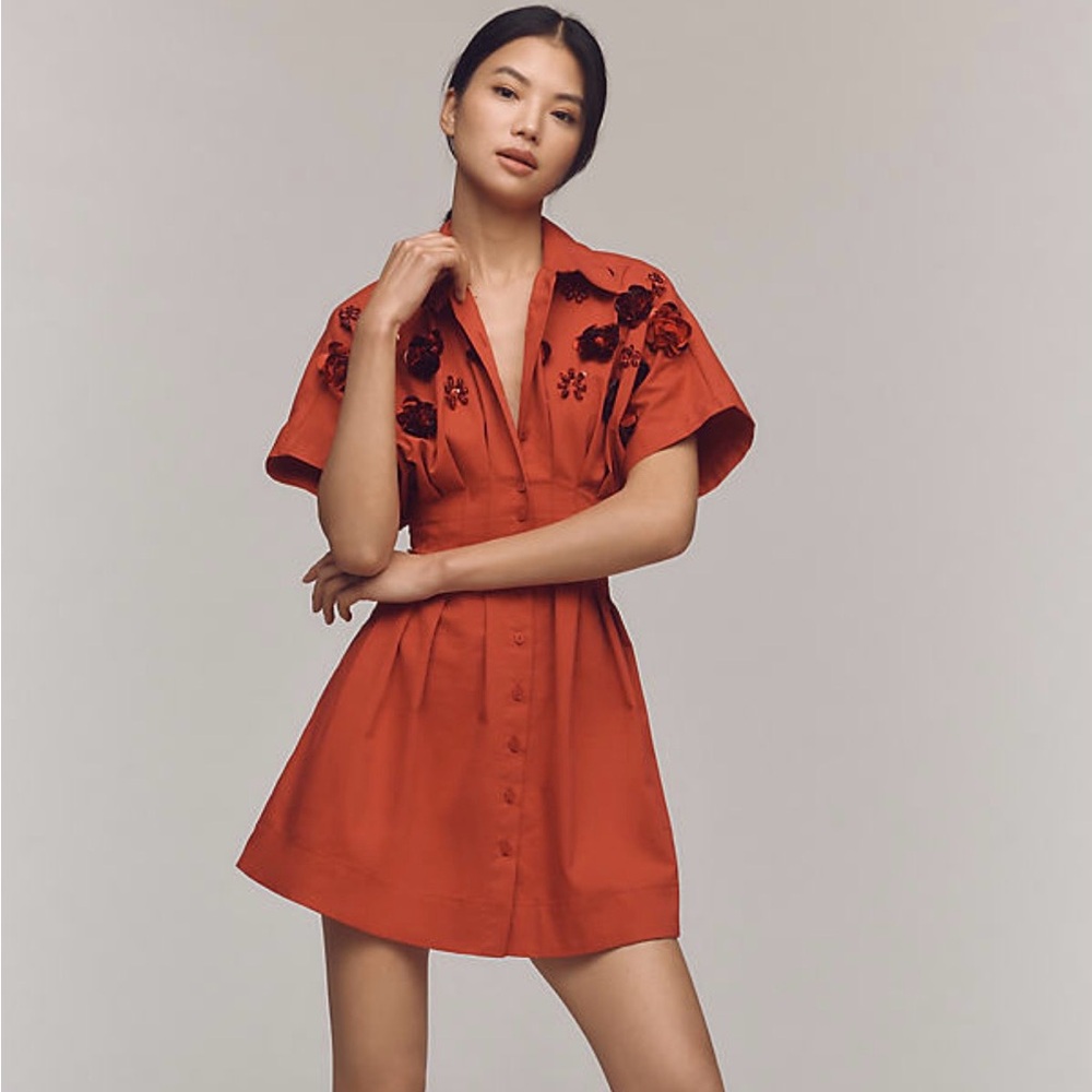 Anthropologie Red Floral Embroidered Dress